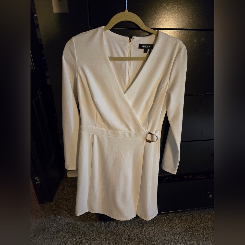 DKNY white mini sheath dress, long sleeve